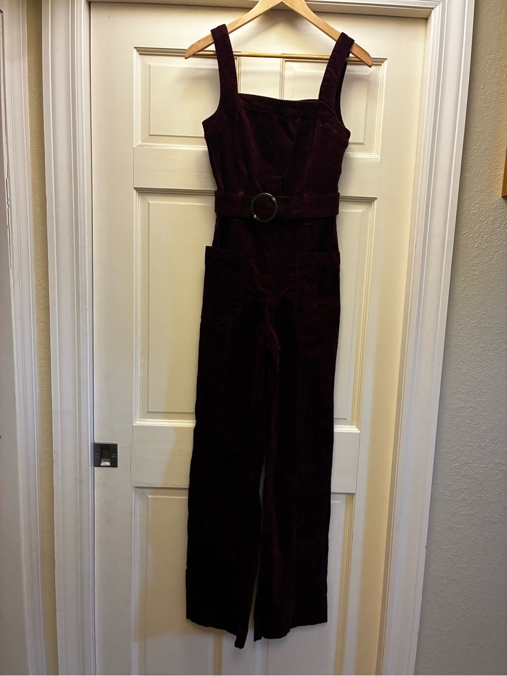Pilcro and the Letterpress Burgundy Corduroy Belted Jumpsuit